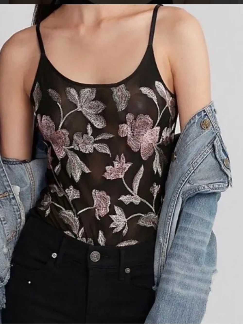 EXPRESS Sheer Black Floral Embroidered Bodysuit